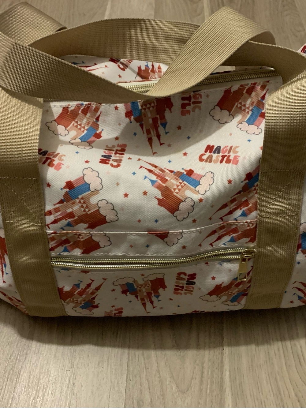 Magic Castle Print Canvas Duffle Bag in Beige and Red